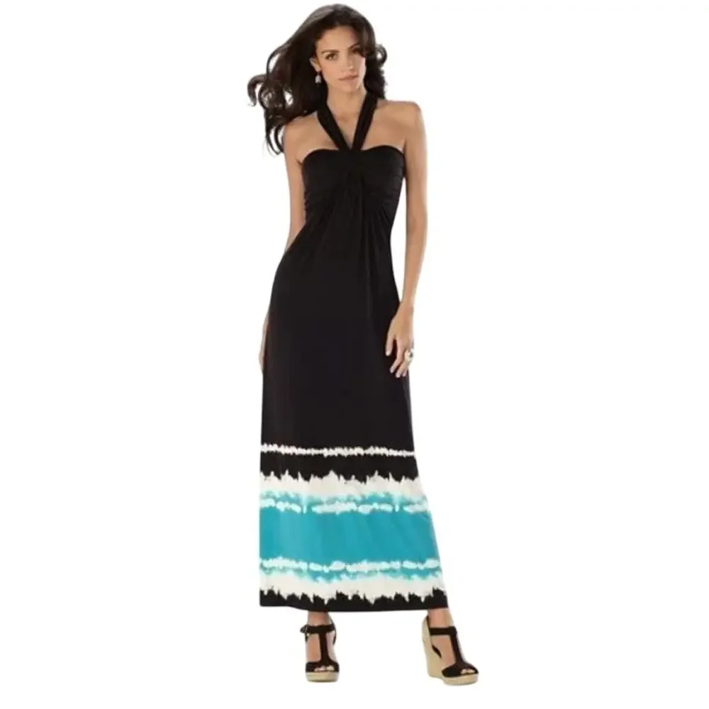SOMA Faye Soft Black Tie Dye Border Convertible Strap Maxi Dress Size Medium - Picture 1 of 5
